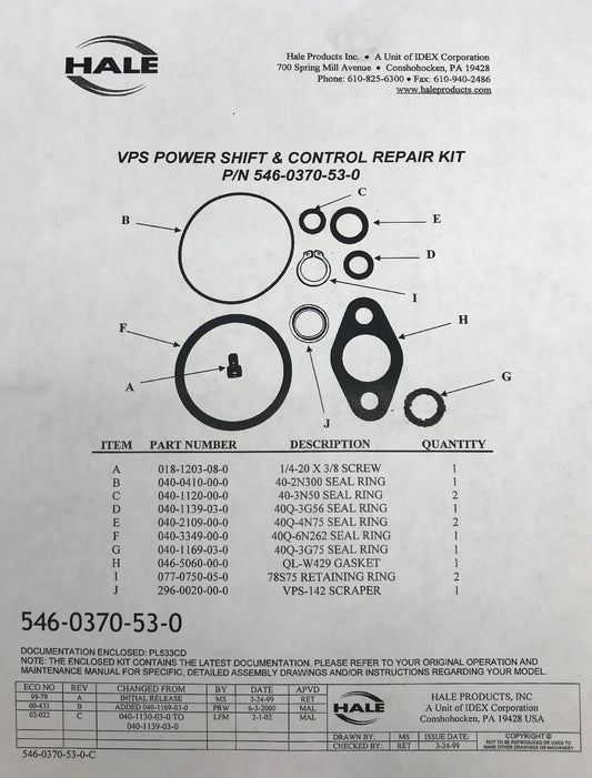 Hale Products VPS Repair Kit part# 546-0370-53-0